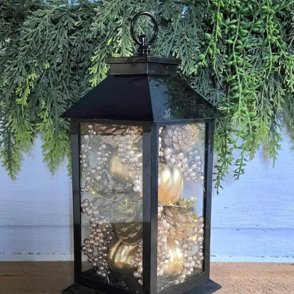 Light Up Gold Champagne Pumkin Berry Pinecone Fall Harvest Black Plastic Lantern